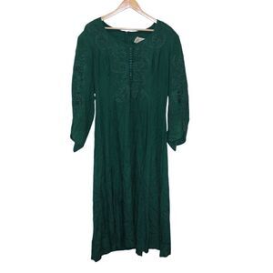 Plaza South VINTAGE Emerald Green Floral Embroidered Midi Dress Women's Size M